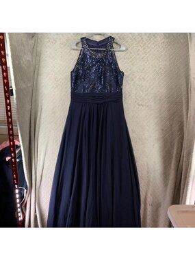 Eliza J Dress Womens 12 Navy Blue Formal Mother of Gown Sequin Beaded High Neck